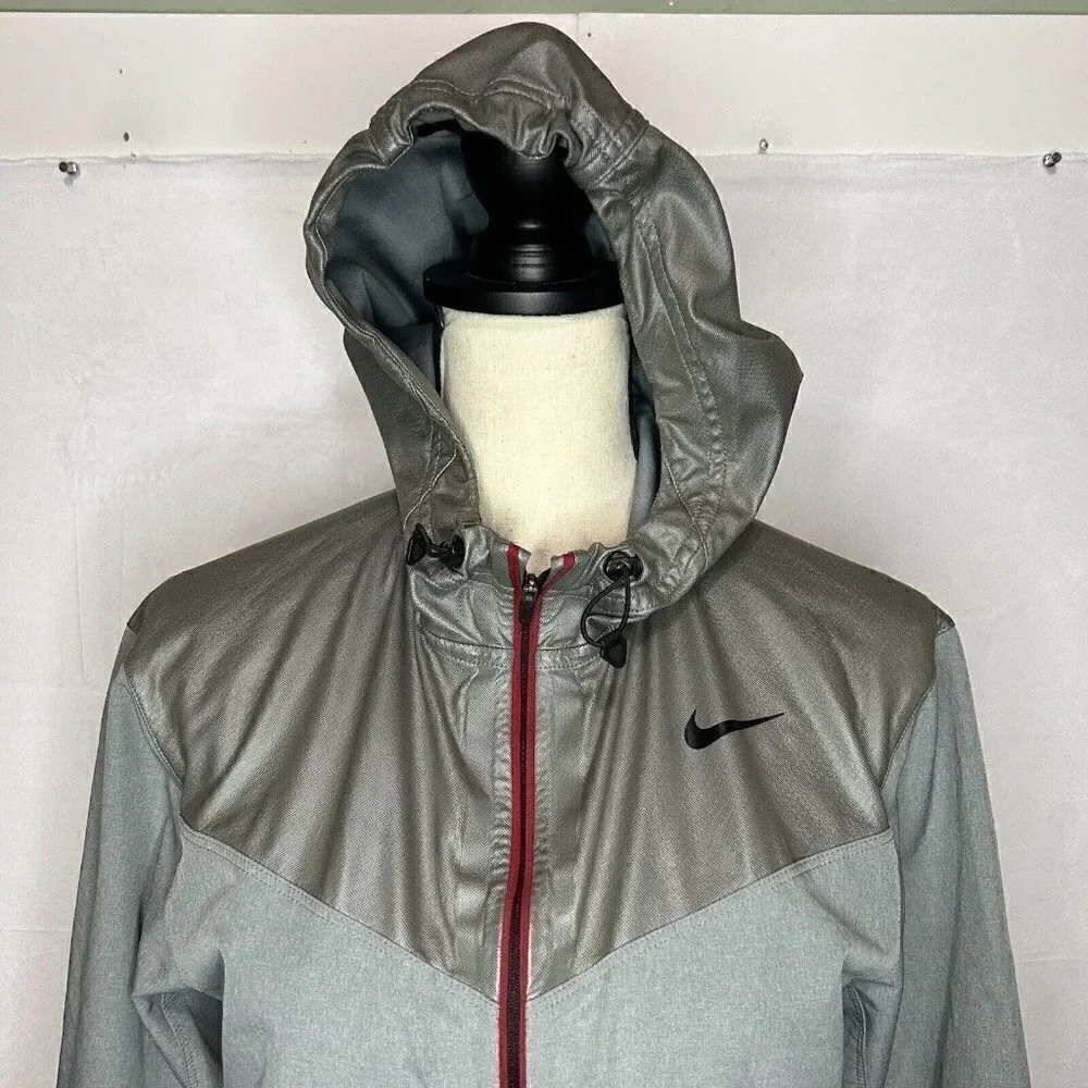Nike Pro Running Jacket Womens Gray Red Hooded Full Zip Stretch Sz. S